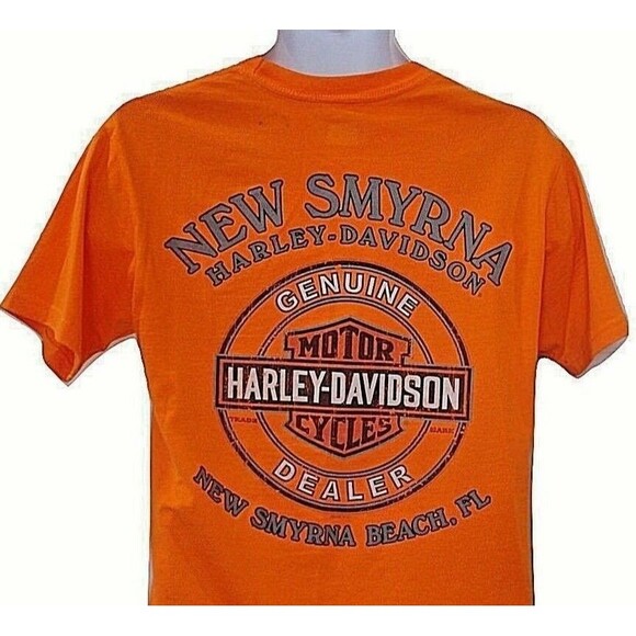 Harley Davidson T Shirt Motorcycles New Smyrna Graphics Orange Tee Mens Size S - Picture 2 of 8